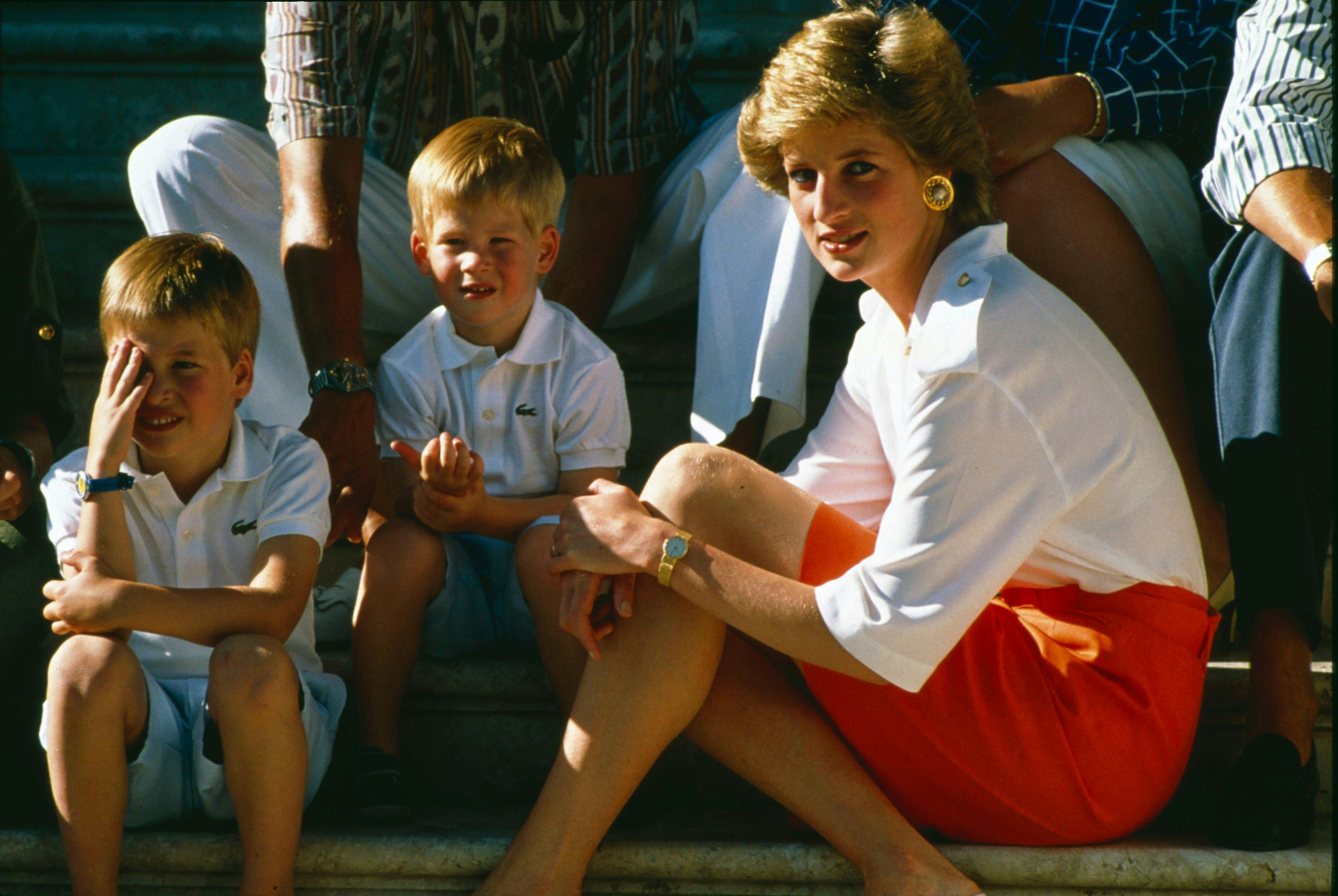 Prinsesse Diana sidder i solskinnet med sine sønner, der har matchende poloer på. 