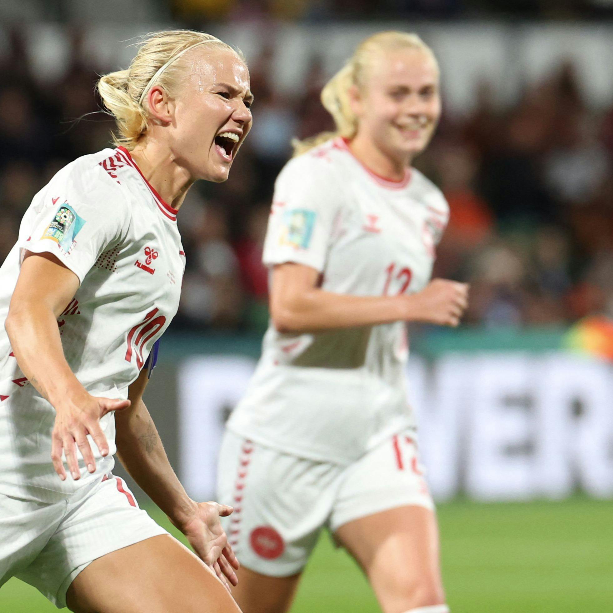 TOPSHOT - Denmark's forward #10 Pernille Harder celebrates scoring her team's first goal during the Australia and New Zealand 2023 Women's World Cup Group D football match between Haiti and Denmark at Perth Rectangular Stadium in Perth on August 1, 2023. (Photo by Colin MURTY / AFP)