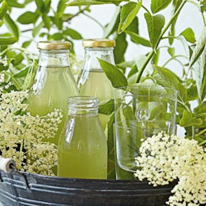 Hyldeblomstsaft på flasker og blomster til pynt ved siden af