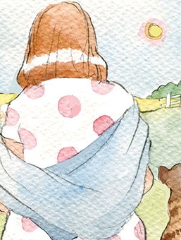 Brev til Nikoline Werdelin. Illustration af kvinde der kigget ud over en eng.