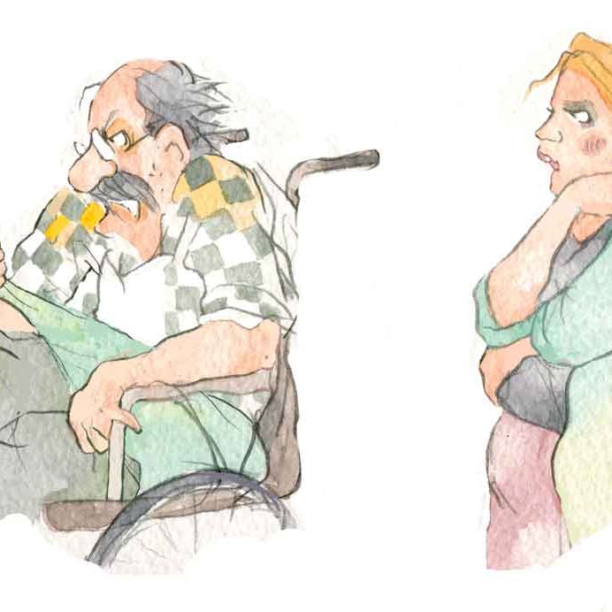 Nikoline Werdelin tegning af dame og syg mand