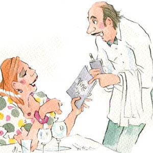Nikolines brevkasse: illustration af en kvinde der drikker vin på restaurant
