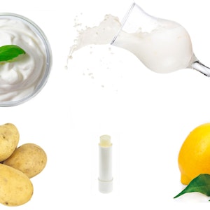 Appelsin, glas mælk, læbepomade, yoghurt,