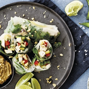 Friske forårsruller med kylling, mango og peanutdip