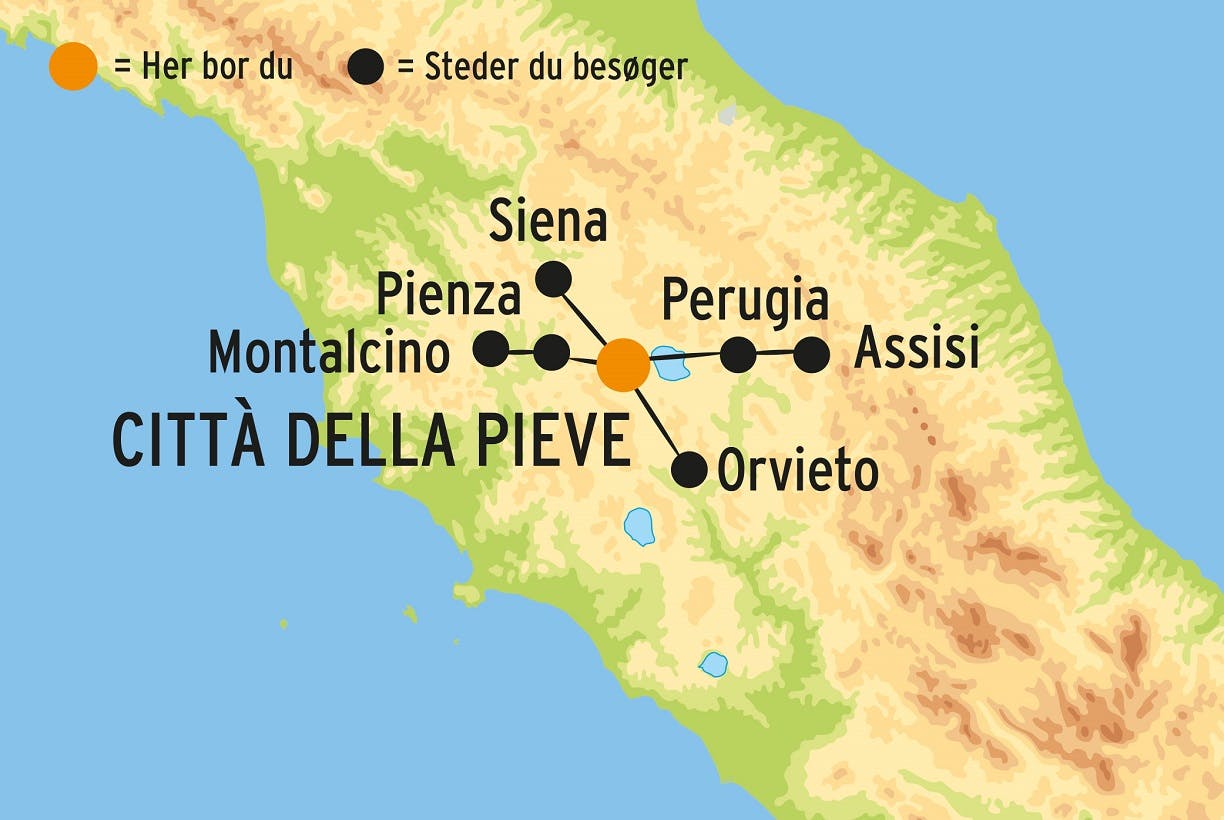 På rejsen til Umbrien besøger du Orvieto • Assisi • Siena • Pienza • Vingård i Montalcino • Perugia • Val d’Orcia  
